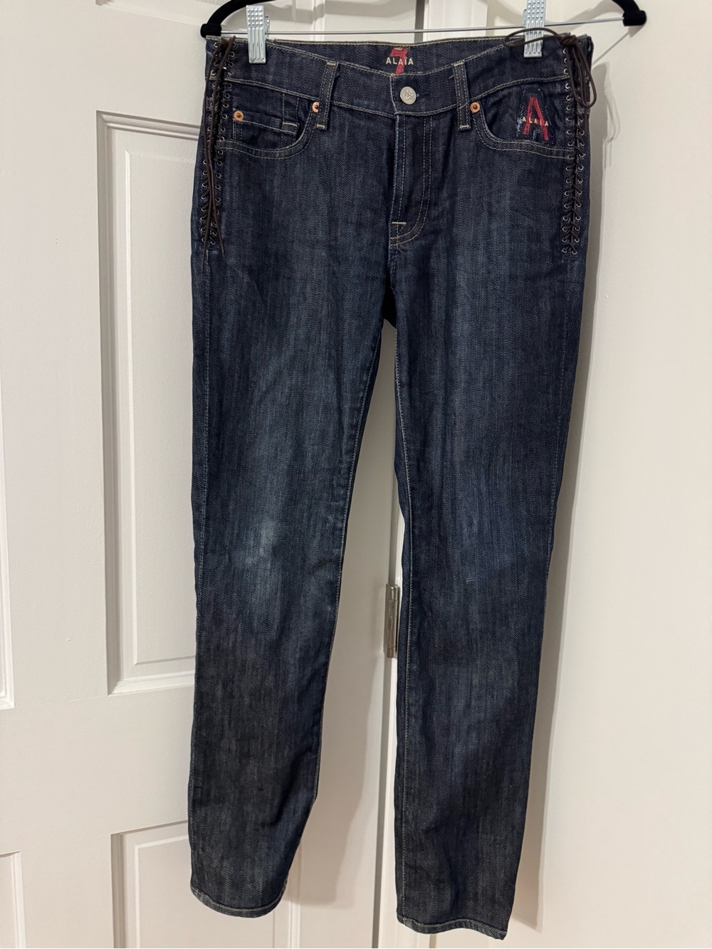 Alaia x 7 For All Mankind Skinny Jeans with Red Logo and Brown Lace-Up Side